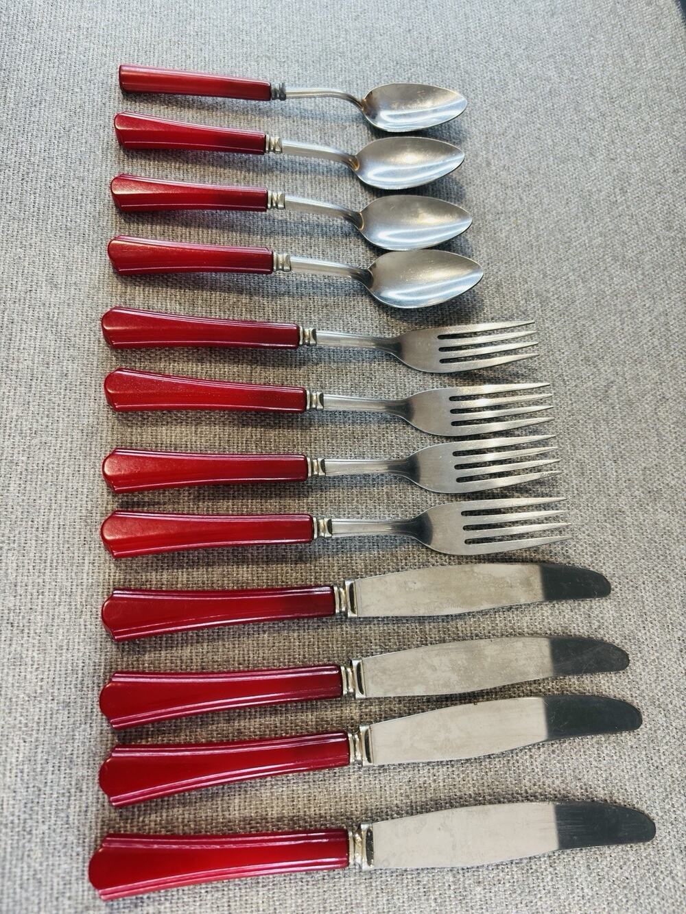 Vintage Red Bakelite Flatware Set 12 Pc Stainless Steel MCM Knives Forks Spoons